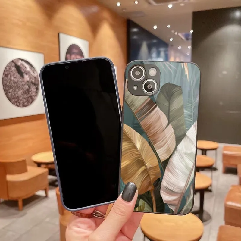 

Чехол для телефона с банановыми листьями и цветами для iPhone 14 13 12 11 Pro Max X XR XS 8 7 Plus, цветной чехол из жидкого стекла