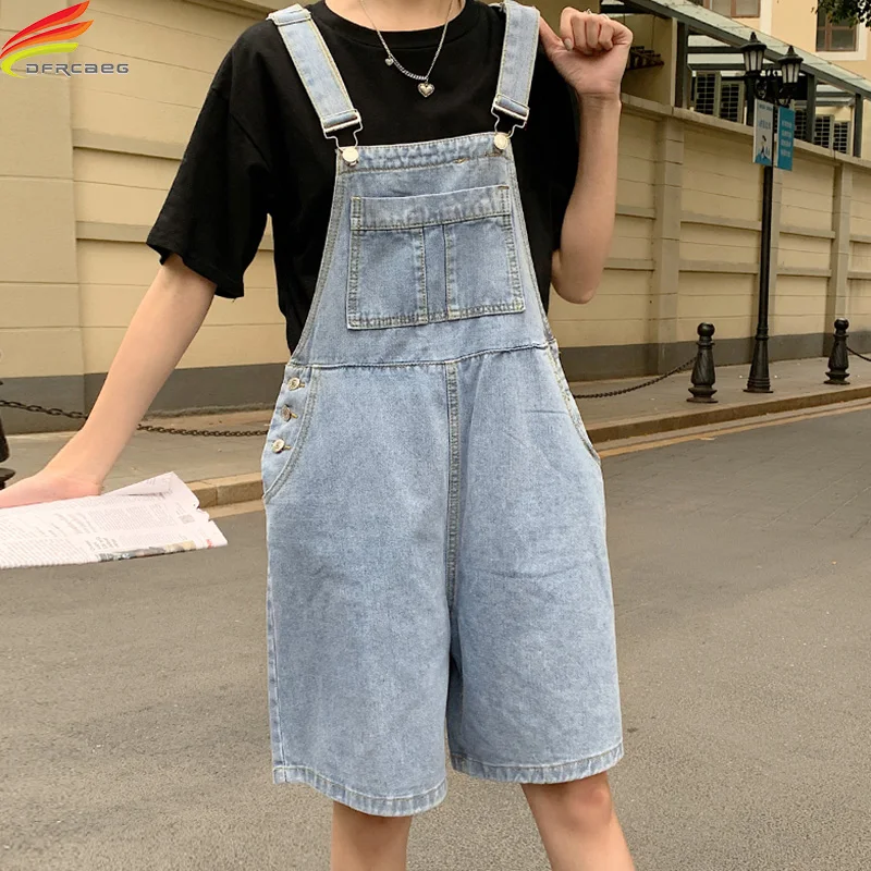 

DFRCAEG 2022 Summer Women Jeans Denim Playsuits Streetwear Big Pockets Loose Wide Leg Rompers Blue Or Black Outfit Overalls