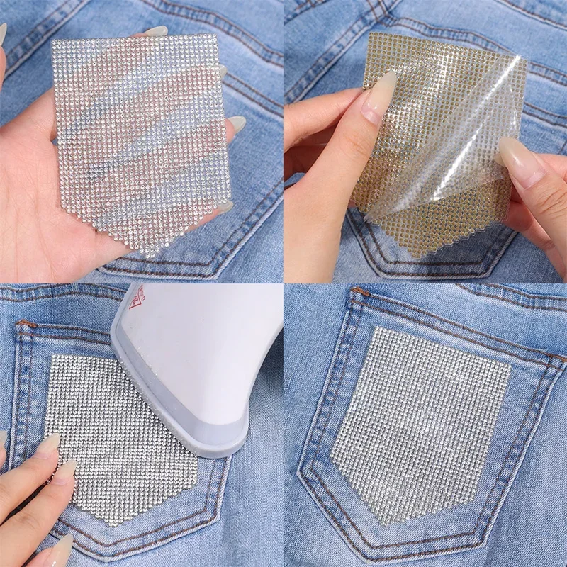 5PCS Pocket Rhinestone Patch Clothing Badge Epaulette Jeans Pocket Luxury Bling Crystal Hot Stamping Applique DIY Decoration