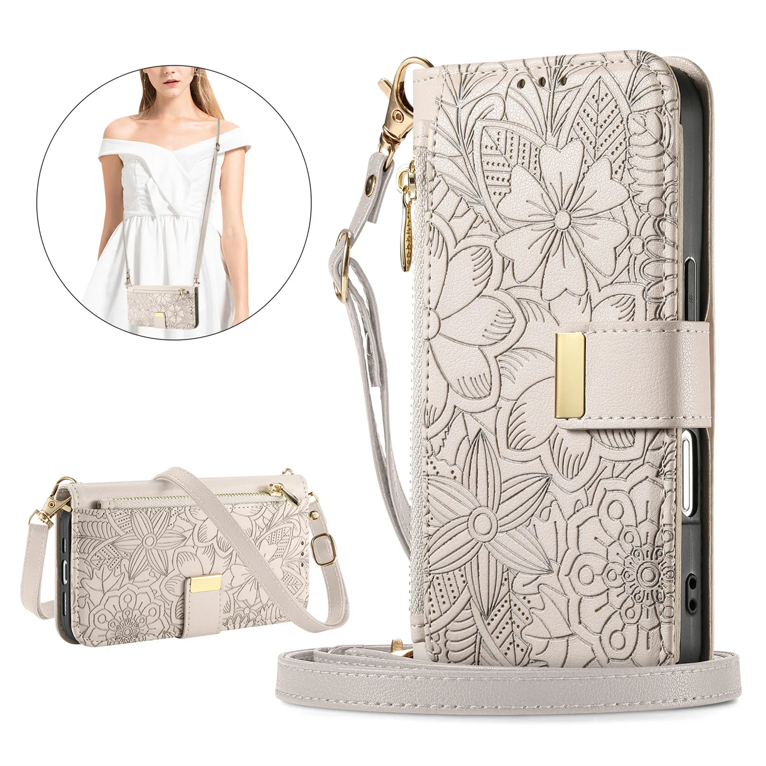 Luxury Leather Crossbody Wallet Case with Zipper and Lanyard - Multi-Card Wristlet Flip Cover