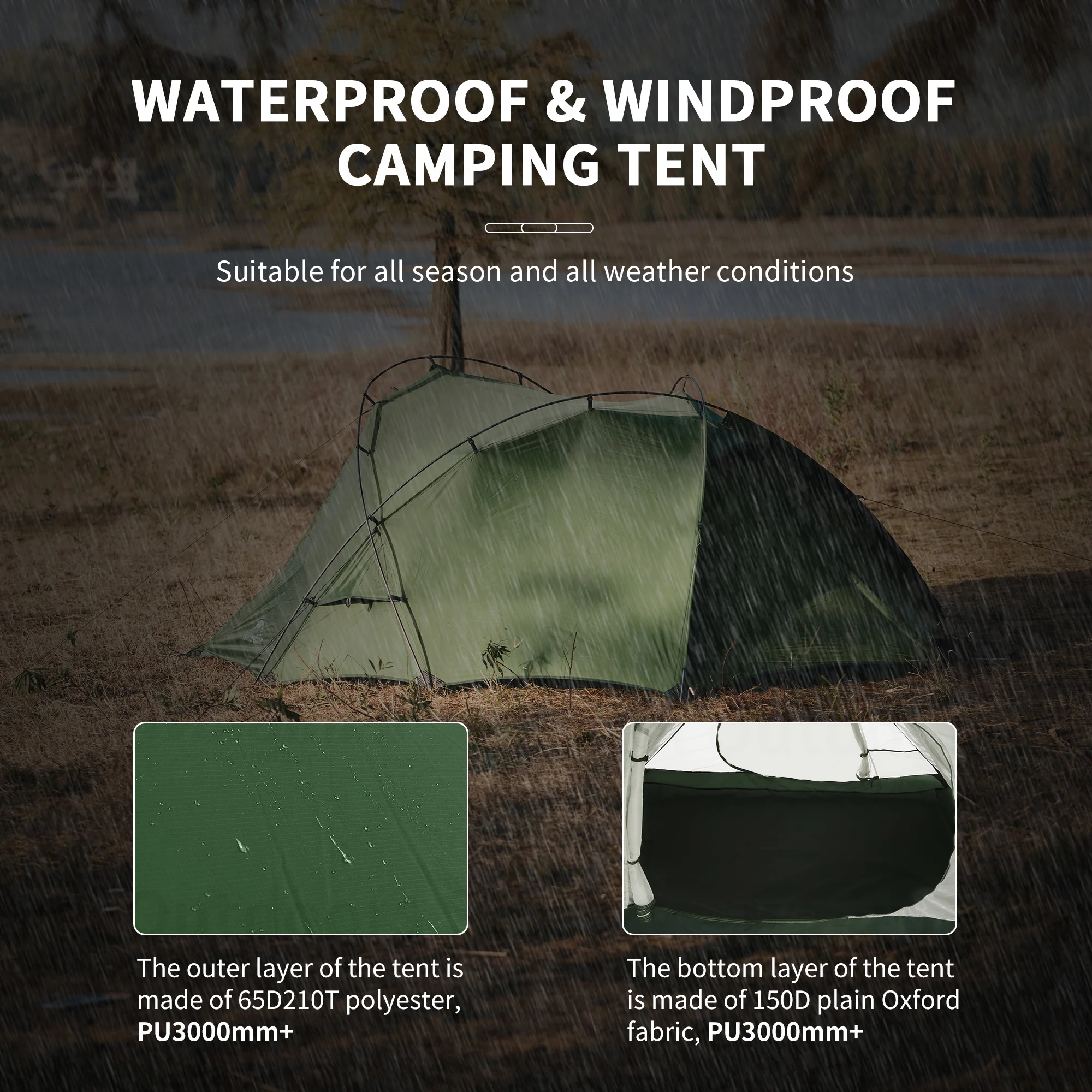 Naturehike Quick-set Camping Tent Large Space Four-season Tent Waterproof 2 Person Anti-mosquito Outdoor Travel Hiking