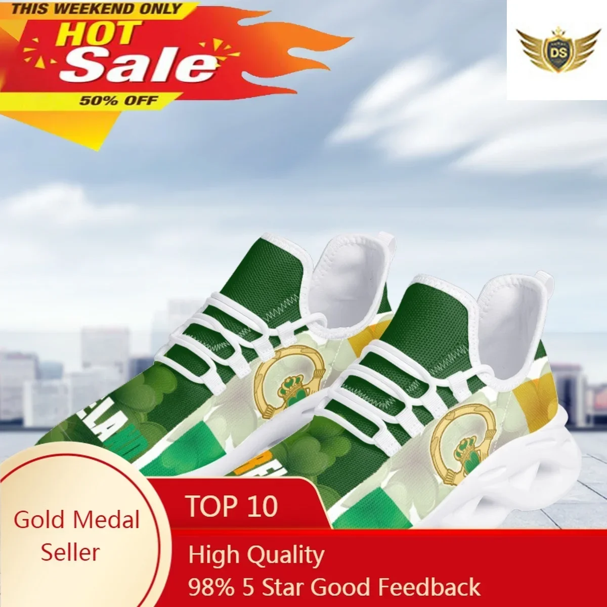 Ireland Flag Patriotic Pride Platform Lace-Up Shoes 3D Trefoil Print Ladies Sneakers Stylish Comfort Vulcanized Shoes Footwear