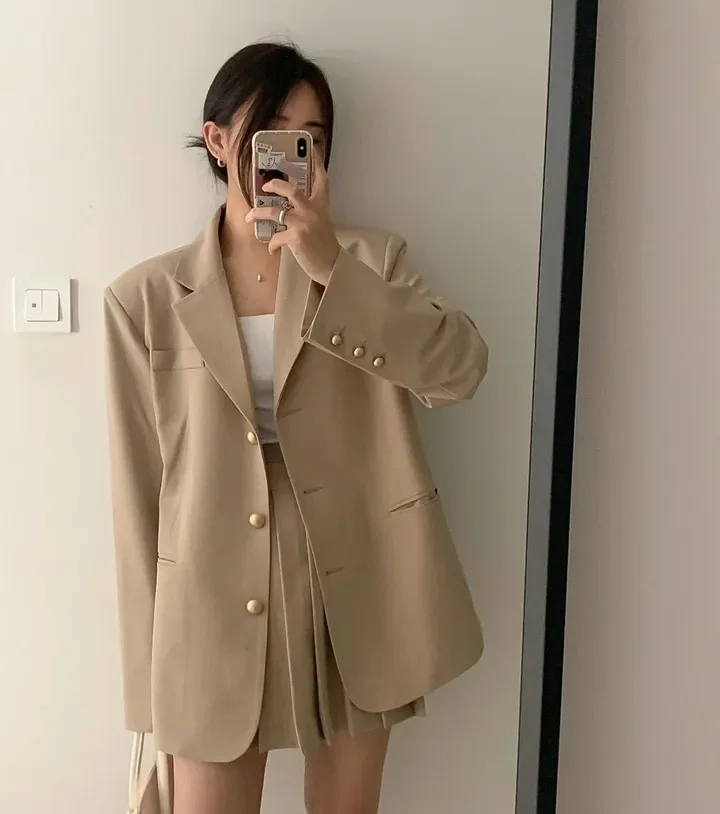 Korean Chic Two-piece Skirt Set Women Single Breasted Blazer Loose Jacket Solid Pleated Mini Skirt Autumn Office Lady Outfits