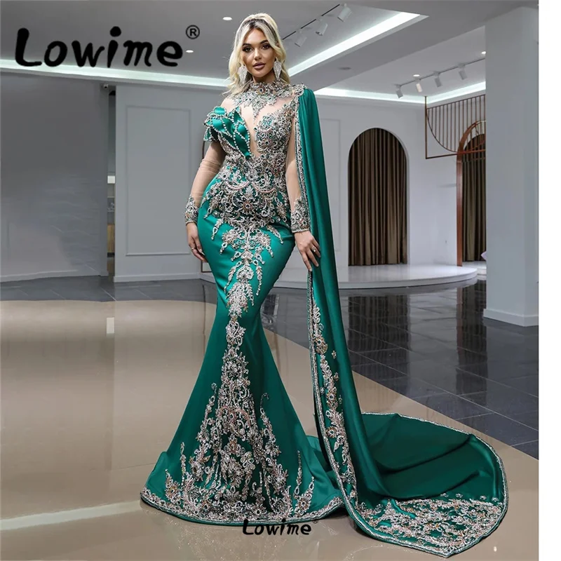 

Green Dubai Design Long Sleeve Evening Dresses Arabic Middle East Crystal Beaded Mermaid Luxury Celebrity Dress Party Prom Gowns