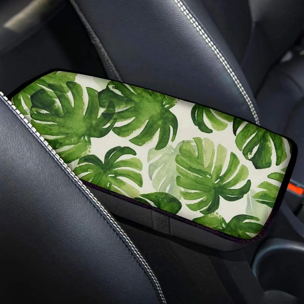 Tropical Leaf Monstera Plant Pattern Auto Center Console Cover Universal Fit Center Console Armrest Cushion for Car Inter