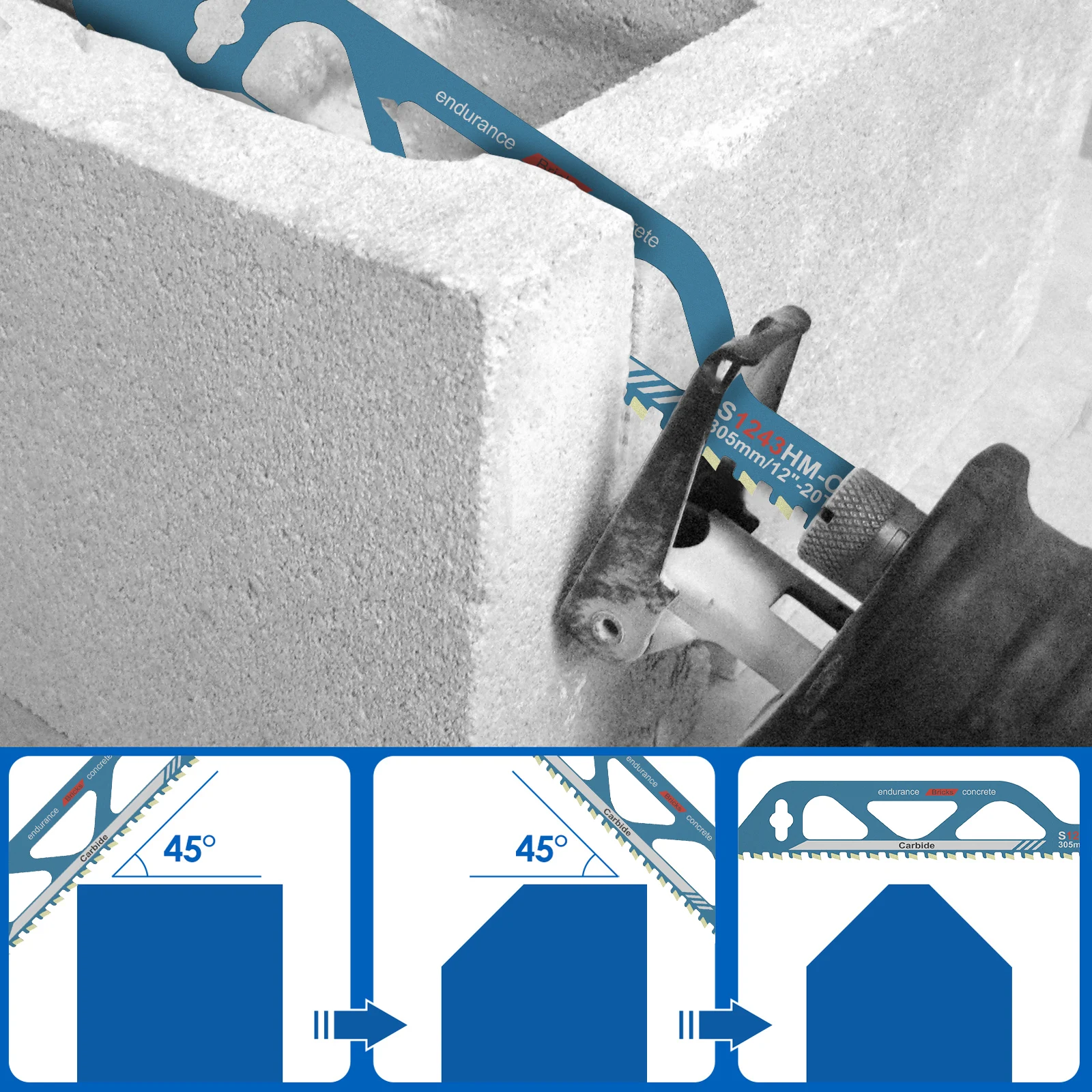 3Pcs Reciprocating Saw Blade 240mm/305mm Saber Saw Multi Saw Blades Cutting Tungsten Carbide Brick Concrete Power Tool Accessory