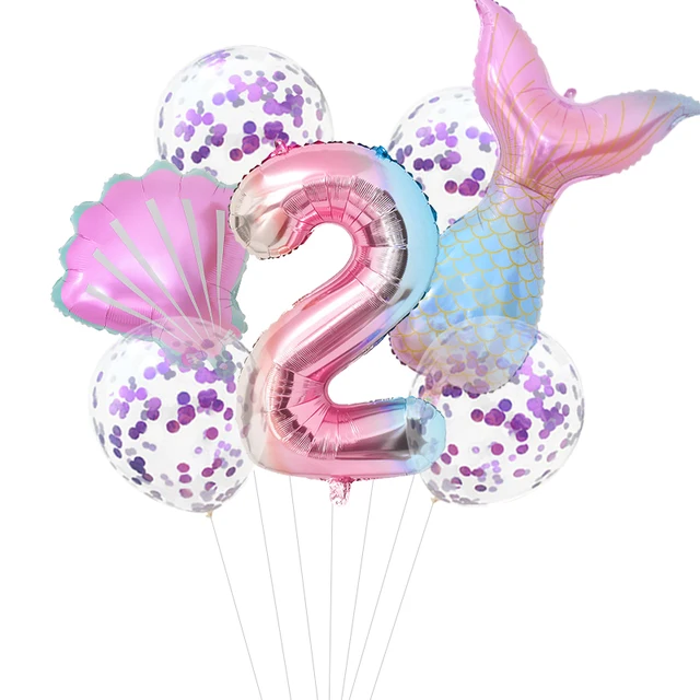Mermaid Birthday Party Disposable Tableware Set Under The Sea Party Little Mermaid Girls 1st Birthday Decoration Shell Balloons 7pcs number2 set