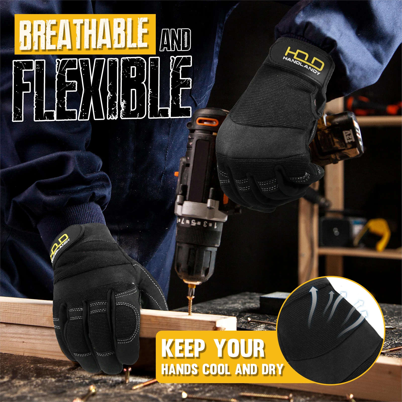 Work Gloves HANDLANDY for Men & Women Utility Mechanic Touch Screen Flexible Yard
