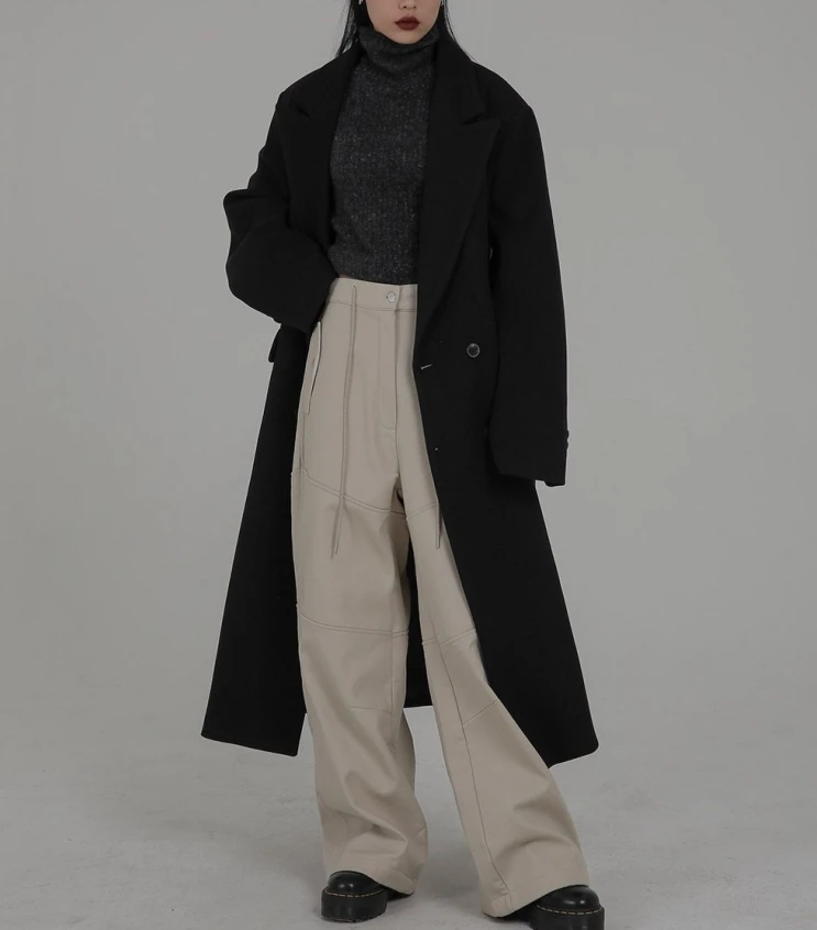

Elegant Women Black Wool Coats Loose Casual Female Korean Single Breasted Outerwear Trench Jackets 2023 Autumn Winter Q806A