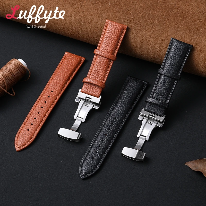 Luxury Leather Watch Strap with Lychee Pattern and Butterfly Buckle - Elegant Black, Brown, and Green Wristband