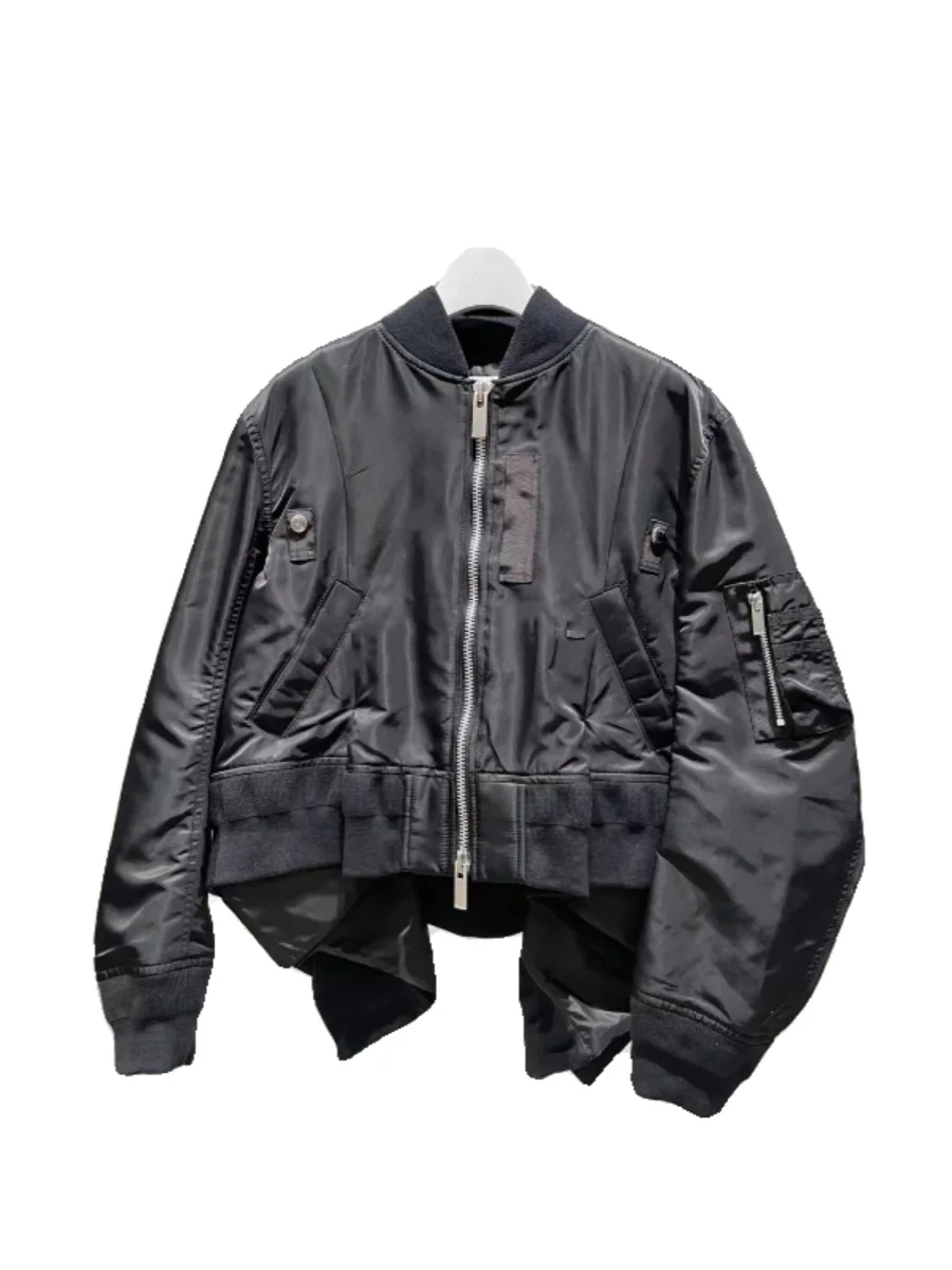 FOG SACAI 2024 Cherie Chen Patchwork Pleated Asymmetrical Hem Jaet Casual Outerwear Polyester Cotton Blend Spring Commute S...