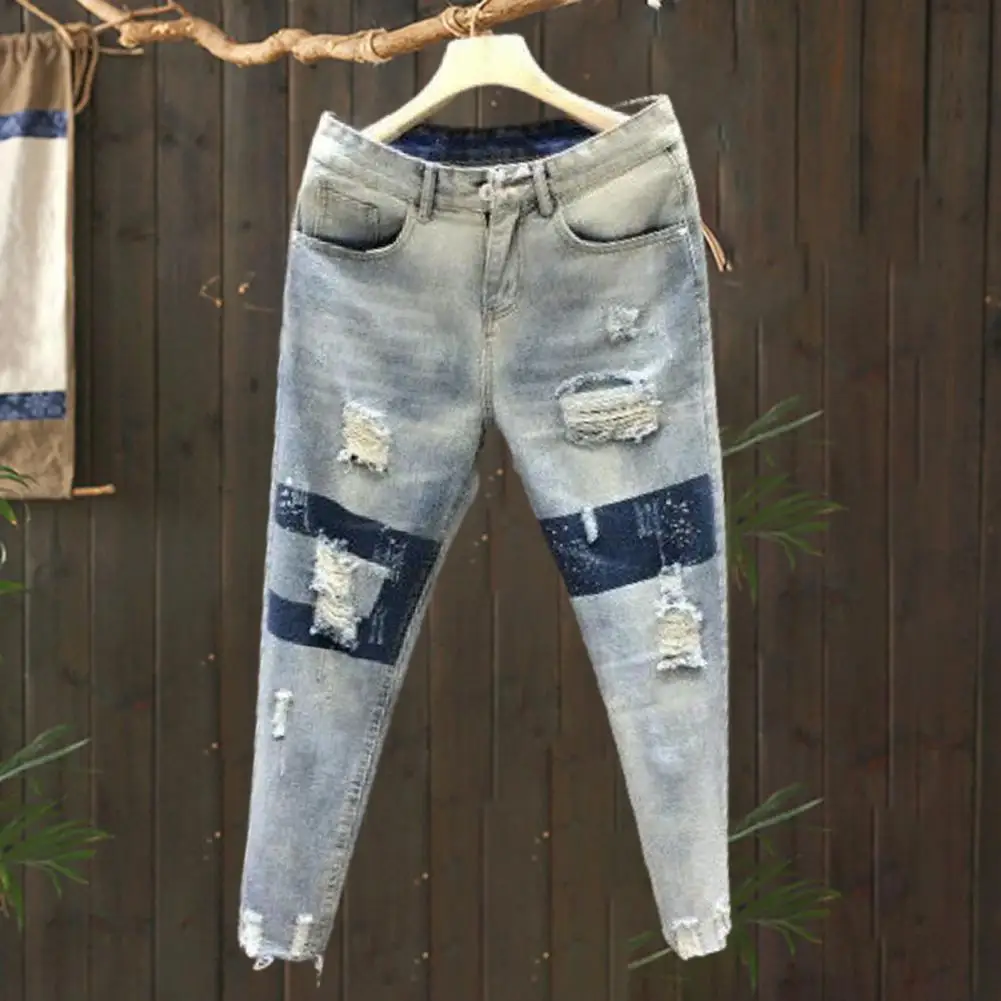 Simple Ripped Jeans Easy-care Men Jeans Slim-fitting Dress Up Men Ripped Denim Pants ripped jeans,ripped patchwork jeans
