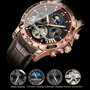 POEDAGAR Automatic Mechanical Tourbillon Wristwatch Luxury Watch for Men Waterproof Luminous Date Week Leather Men's Watches+box 4