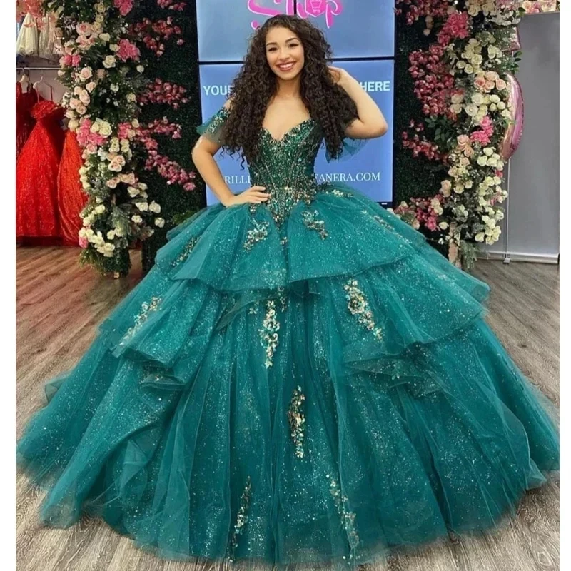 ANGELSBRIDEP Glitter Emerald Green Princess Quinceanera Dress Off Shoulder Appliques Mexiacan Birthday Party Vestidos De 15 Anos