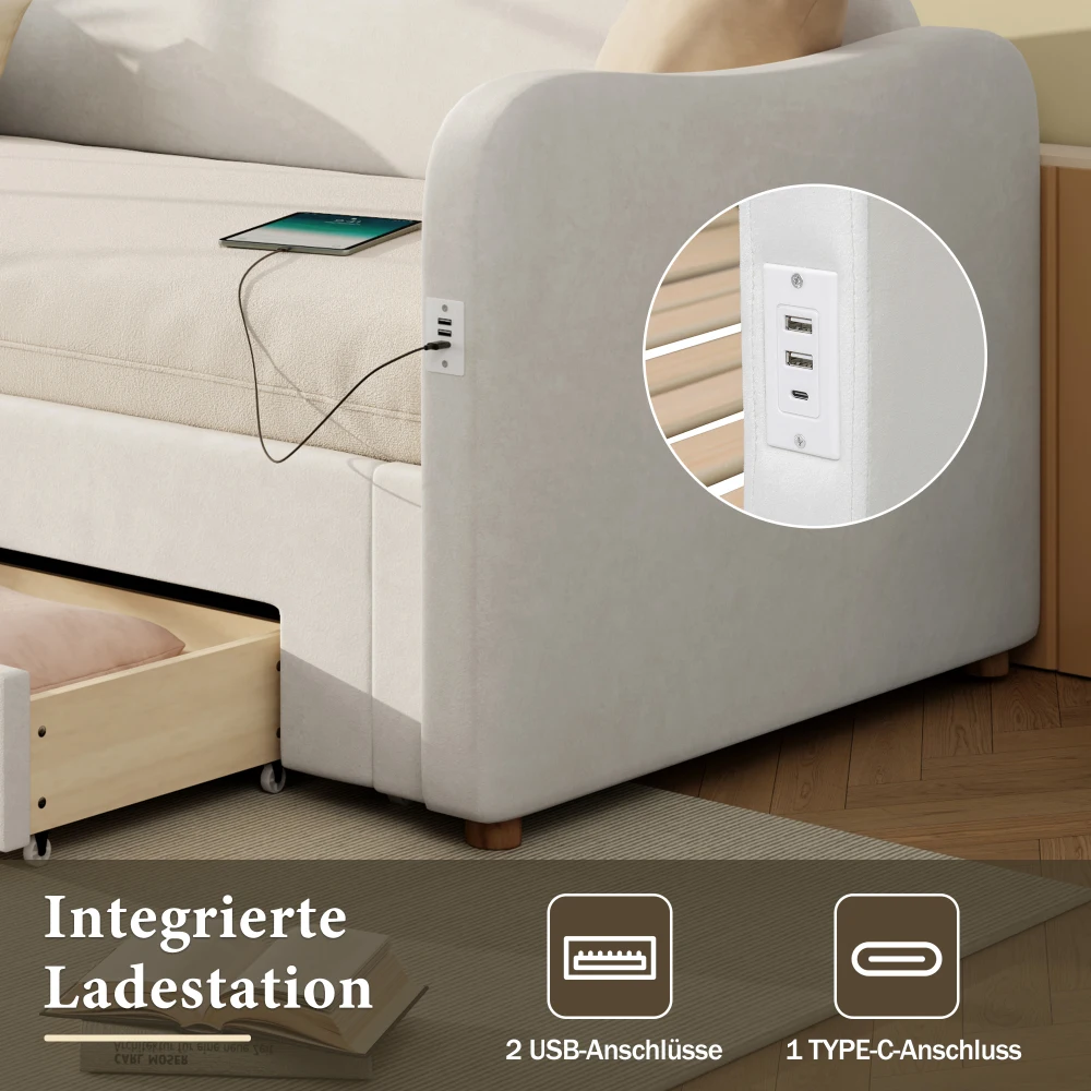90 x 200 cm großes Polsterbett, Tagesbett, modernes Schlafsofa, mit 2 Schubladen zur Aufbewahrung, ausziehbar auf 180 cm, mit USB-Anschluss, für Schlafzimmer – Detail 20