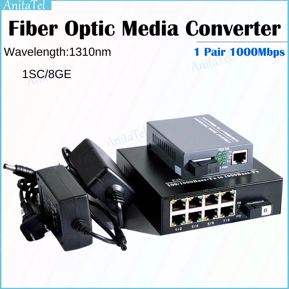 1 Pair 1000Mbps Fiber Optic Media Converter Gigabit Signlemode 1 CH*SC 8 CH*RJ45 Transceiver RJ45 Receiver Media Converter