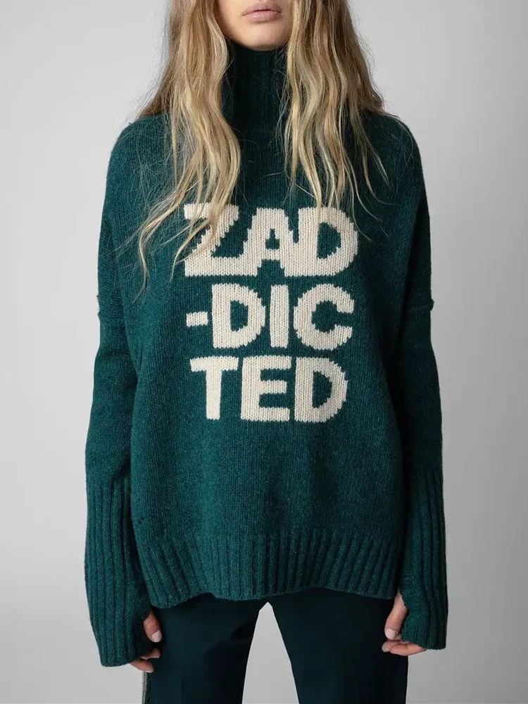 

100% Wool Women Turtleneck Sweater Letter Print Long Sleeve Loose Cuffs Slit Female Casual Jumper 2024 Autumn Winter