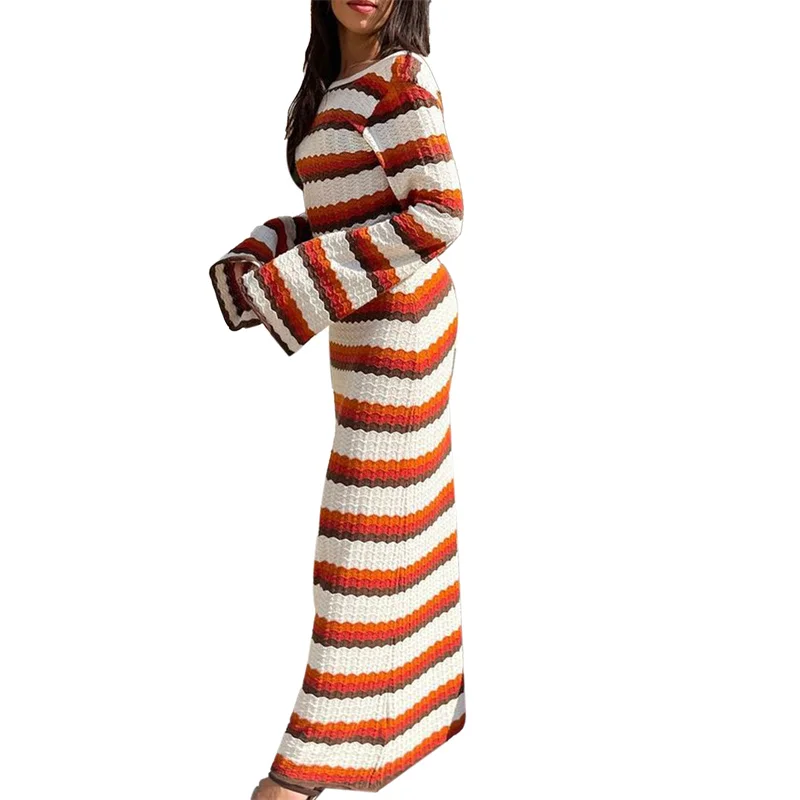 

Женское вязаное длинное платье с открытой спиной, Пляжное уличное платье с волнистыми полосками, открытыми плечами и длинным рукавом, облегающее платье с открытой спиной, весна-осень
