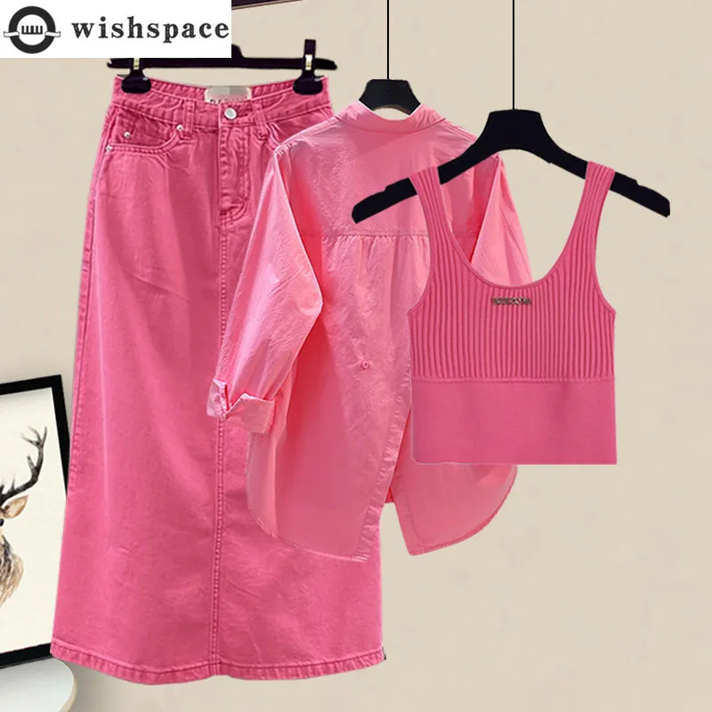Spring/Summer Set Women's 2024 New Korean Edition Slimming Design Shirt Tank Top Denim Skirt Three Piece Set