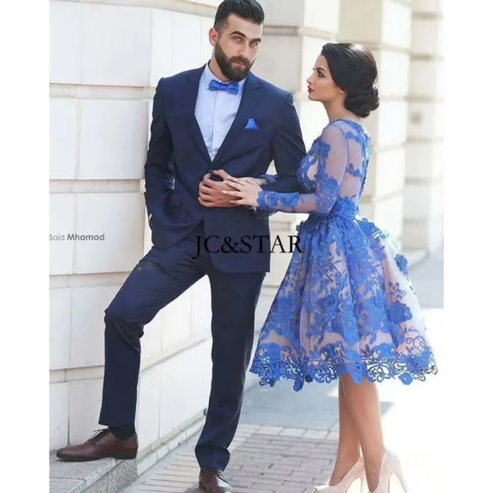 Royal Blue Lace Long-sleeved Cocktail Dresses Short Sexy Perspective Fashion Chic A Line Prom Dress Vestidos De Gala