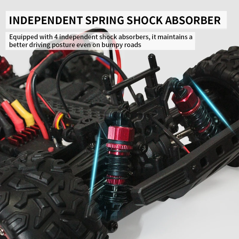 Voiture RC Brushless 80km/h 2 Batteries en action, soulevant de la poussière