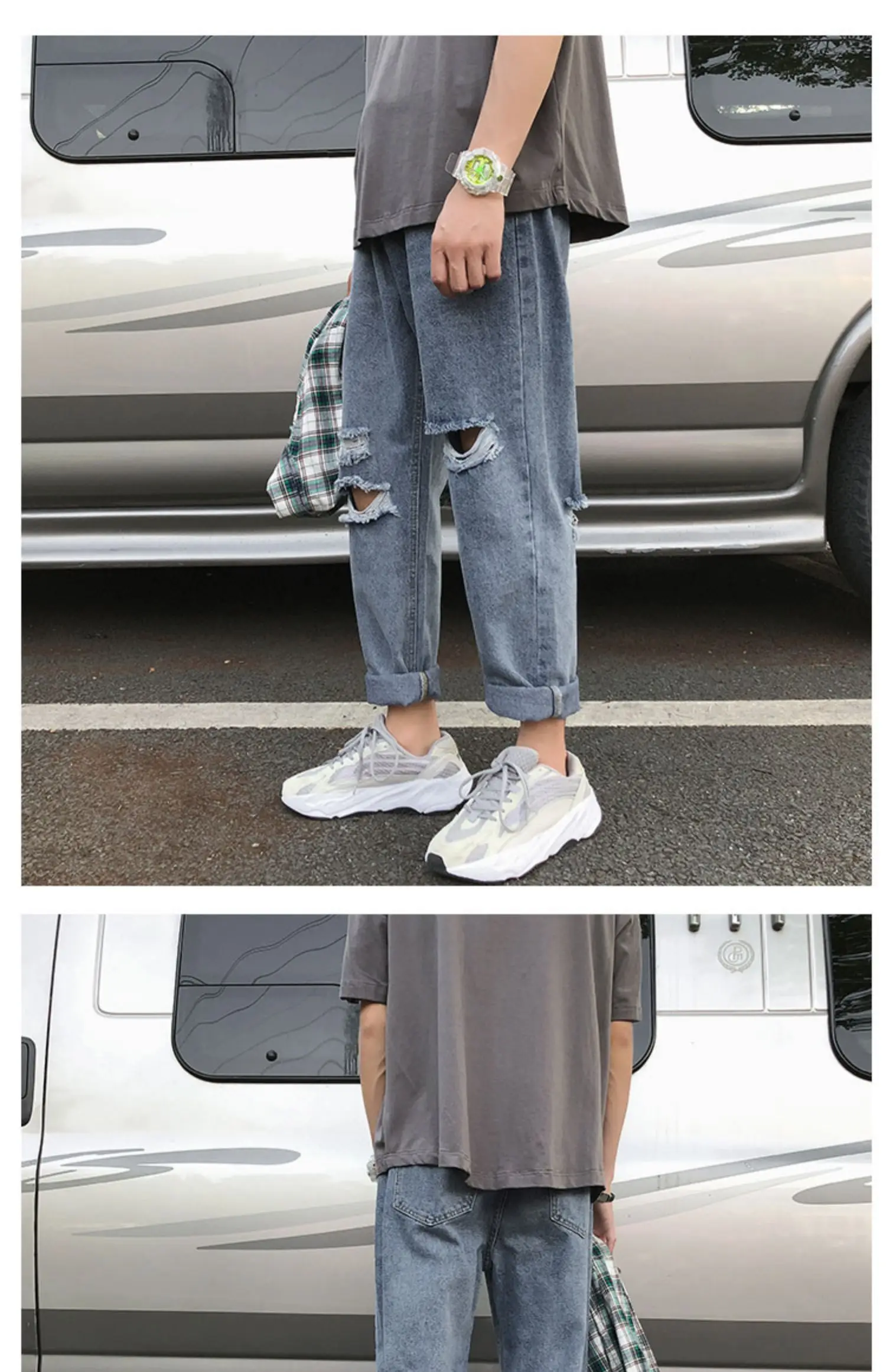 Description Picture 2 of item2024 Men Summer Fashion Korean Loose Straight Denim Pants Male Baggy Ripped Holes Jeans Mens Thin Ankle-length Trousers F196
