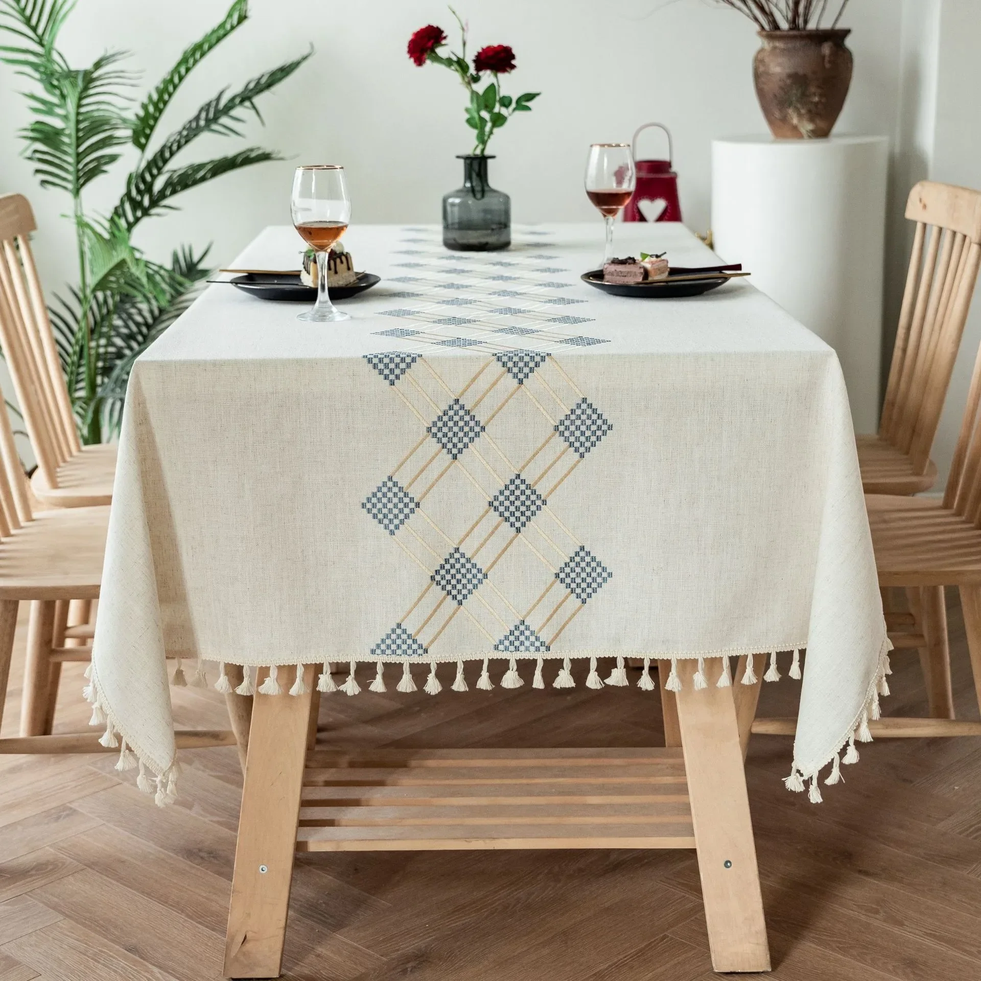 

Tassel Tablecloth Embroidered Birthday Tablecloth Oil Resistant Linen Dustproof Kitchen Restaurant Party Home Table Decoration