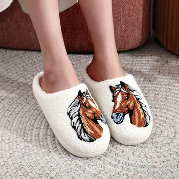 Farmer Ranch Horse Pattern Embroidered Plush Home Thick-Soled Comfortable Furry Slippers Cute Warm Non-Slip Indoor Slippers Spiral Horse Gifts for Parents and Horses Can Be Worn by Men and Women 1