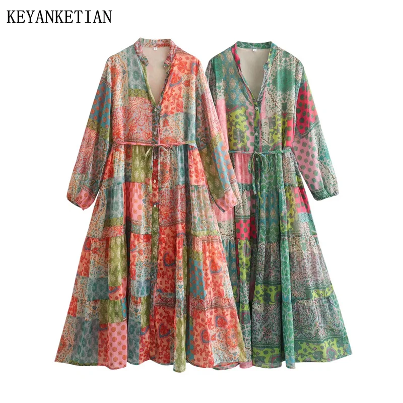 

KEYANKETIAN 2024 New Launch Ethnic style Paisley Print Women Long Dress Spring Single Breasted Long Sleeve Drawstring MIDI Dress