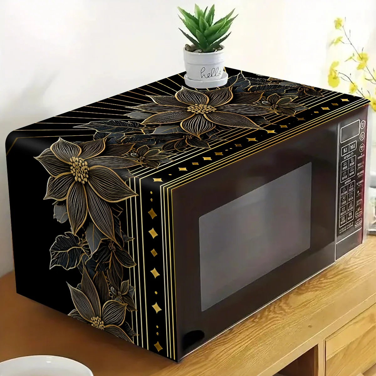럭셔리 블랙 골드 꽃 무늬 전자레인지 먼지 커버 35x85cm 폴리에스터 방진 방유 주방 기기 보호대 홈 데코