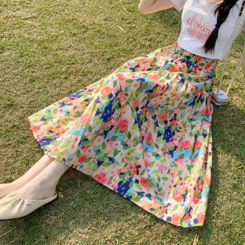 

2023 Women Fashion Floral Long Skirts Ladies Elastic Waist Pleated Maxi Skirts Beach Boho Vintage Summer Skirts Faldas Saia