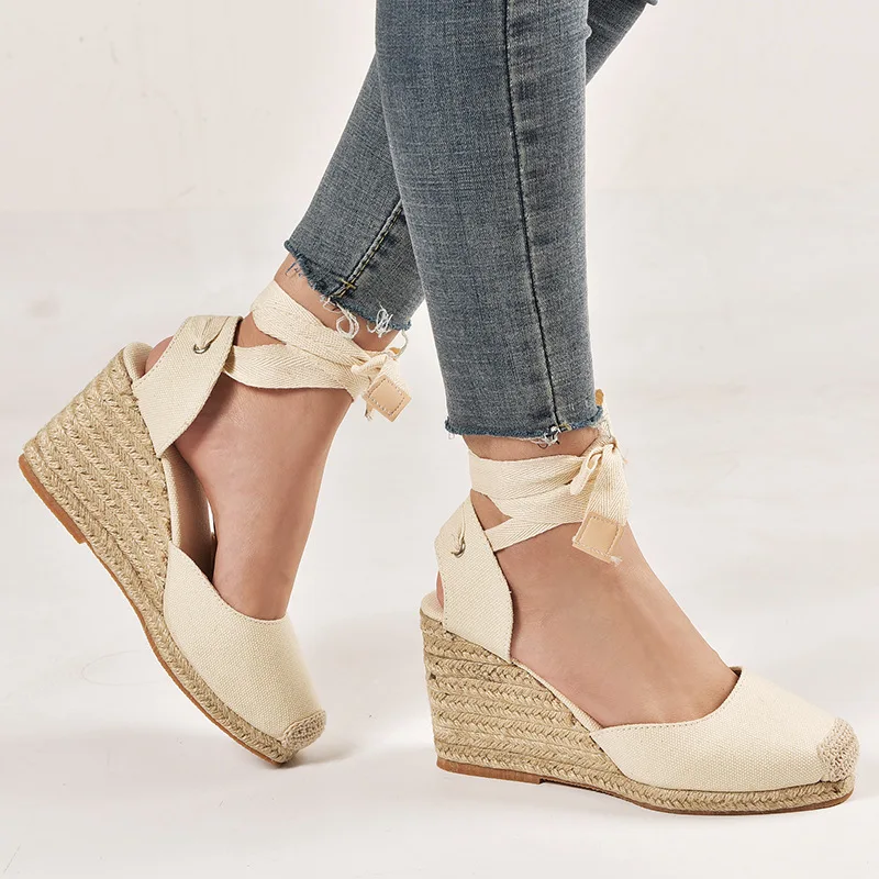 

Summer New Linen Sole Breathable Sandals Large Size Casual Baotou Women's Wedge Sandals Ladies Ankle Wrap Strap High Heels Shoes