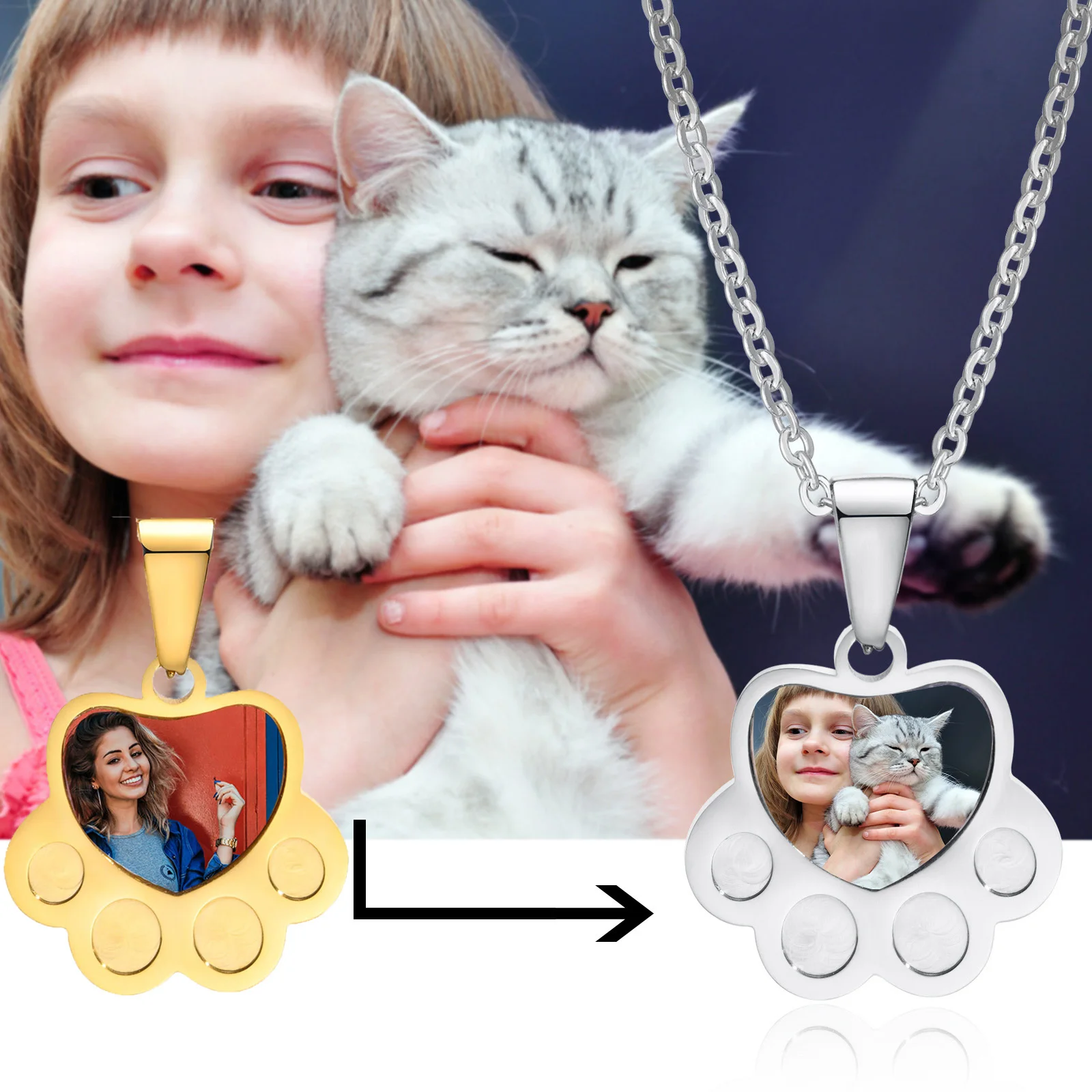 Collana con zampa di cane o gatto foto personalizzata, retro con incisione  gratuita, regalo per donna con ciondoli personalizzati