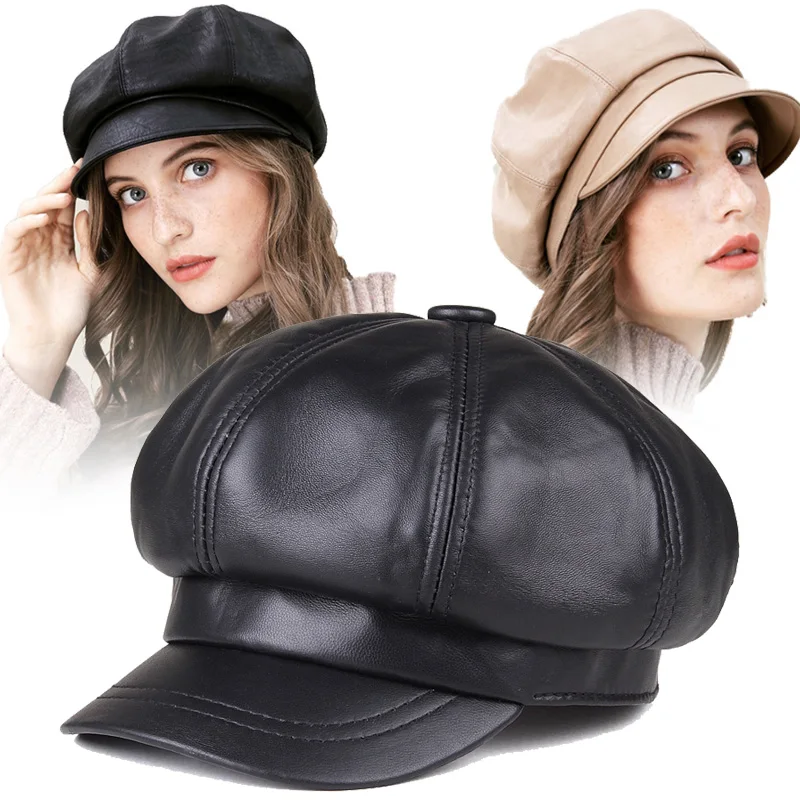 Béret en PU pour femmes et filles, casquette rétro, couleur unie, dôme octogonal, hiver, automne, France, bérets réglables en Faux cuir pour_voghion.com
