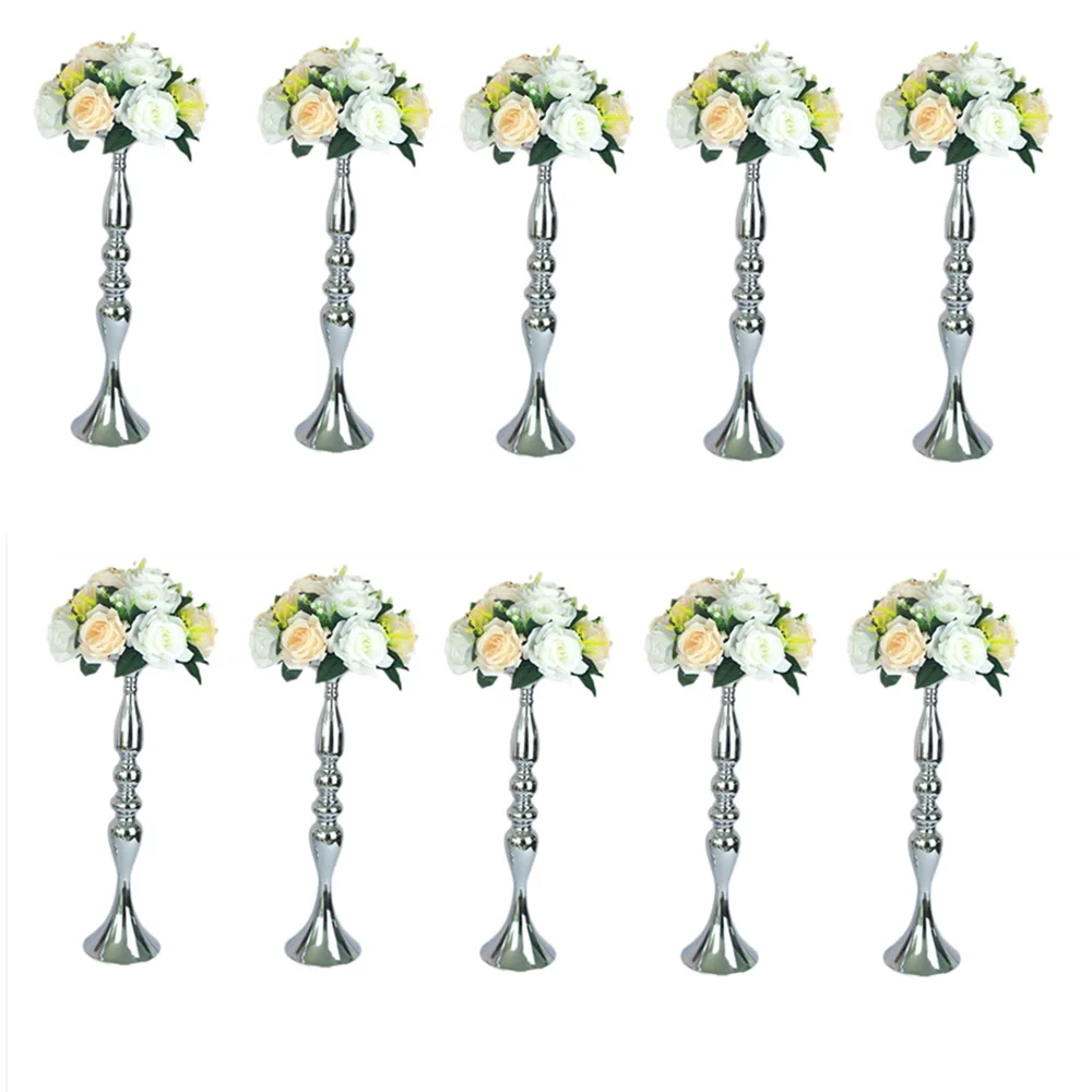 

10PCS Silver Metal Candle Holders Flower Vases Candlestick Wedding Table Centerpieces Event Road Lead Party Candle Stands Rack