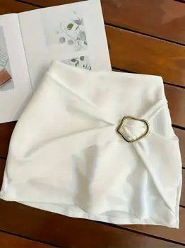 Women's White Short Skirt, Fashionable Solid Color Metallic Accent Pleated Bodycon Mini Skirt, for Fashionable Commuting, Busine 1
