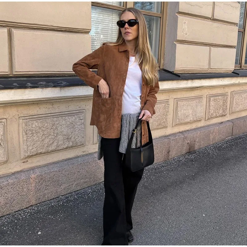 Casual Suede Long Sleeve Jackets Women Autumn Loose Brown Lapel Coat Top With Pockets Female Elegant Chic Street New in Outwear