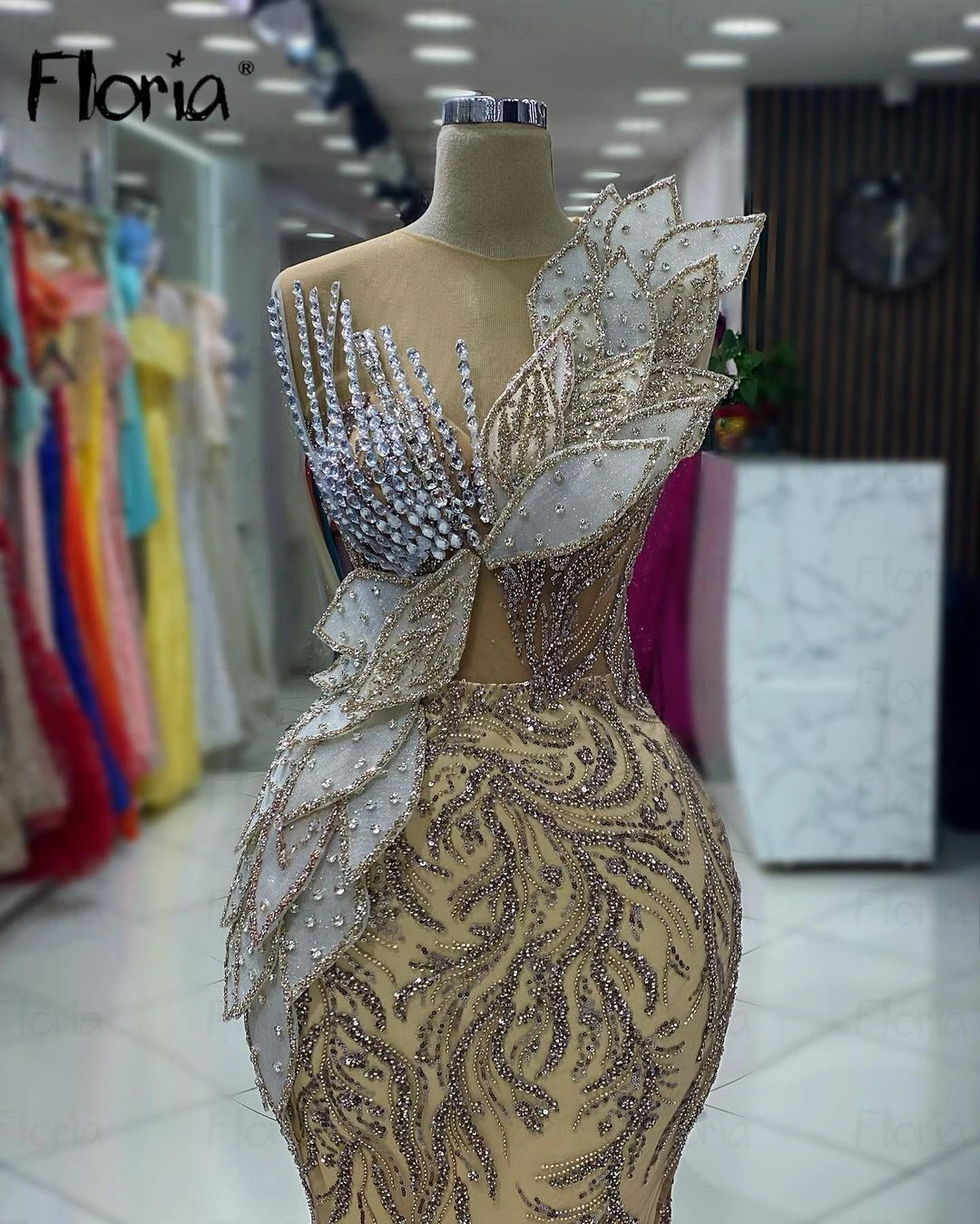 

Glitter Champagne Party Dress 5D Leaf Beading Long Evening Dress Abendkleider Celebrity Red Carpet Dress Birthday Night Wear