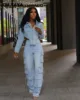 CM.YAYA Washed Denim Women's Set Full Sleeve Button Fly Jacket and Pockets Cargo Jeans Pants Suit 2024 Two 2 Piece Set Outfit 1
