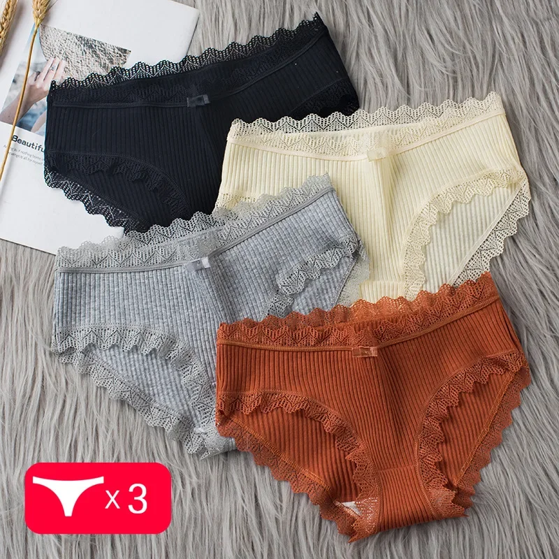 

3PCS/set Women Middle Waist Cotton Underwear Bowtie Panties Breathable Lace Intimates Antibacterial Crotch Sexy Briefs Lingere