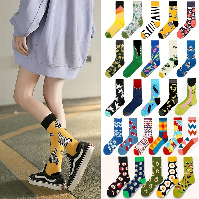 1 pair unisex colored printed mid tube socks trendy personalized animal flower socks