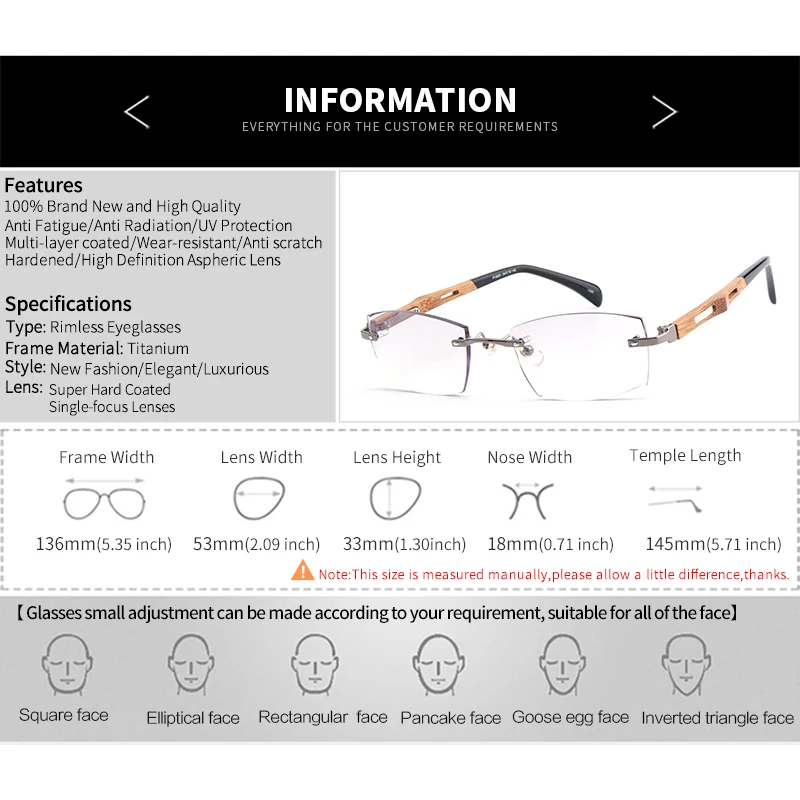 Titanium+Bamboo Frame Eyeglasses Rimless Men Gold Wood Frameless Prescription Myopic Glasses Ti Anti-Reflection Lens Eyewear
