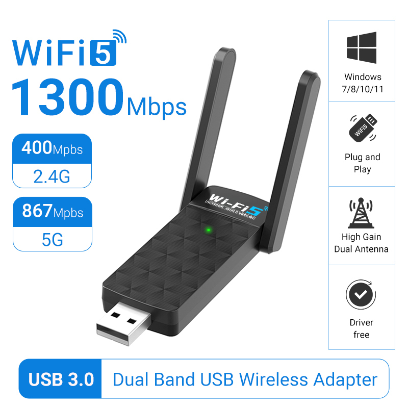 WALRAM 1300Mbps USB WiFi Adapter AC1300 WiFi 5 Ethernet Network Card Dual Band 5G 2.4G USB3.0 WiFi Dongle for PC WiFi Receiver