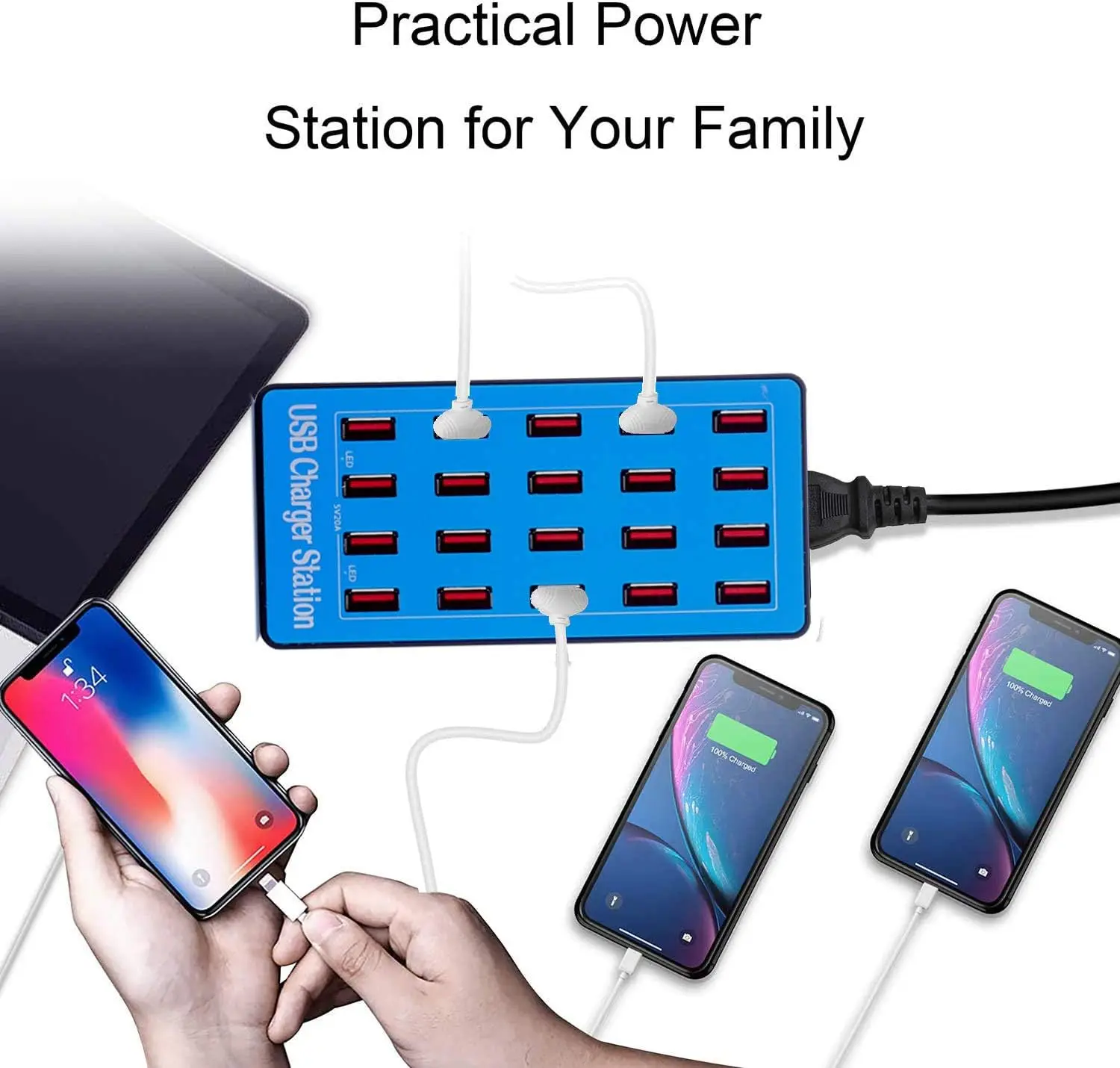 Ultimate 20-Port USB Charging Station - 100W High-Capacity Multi-Device Charger for Smartphones, Tablets, and More