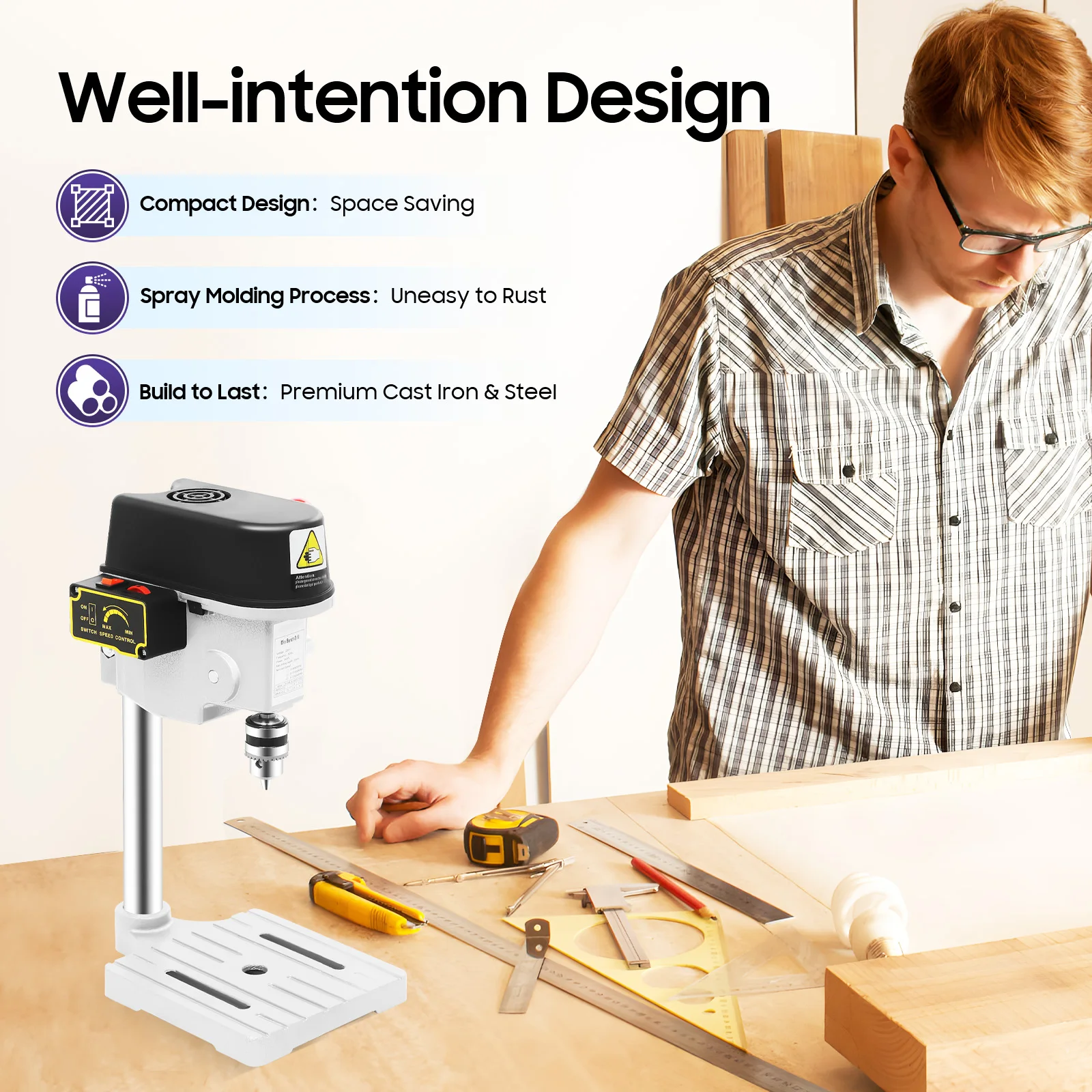 340W Mini Bench Drill Press Machine Portable Table Drill Adjustable Speed Depth Control for Wood Plastic Jewelry Making