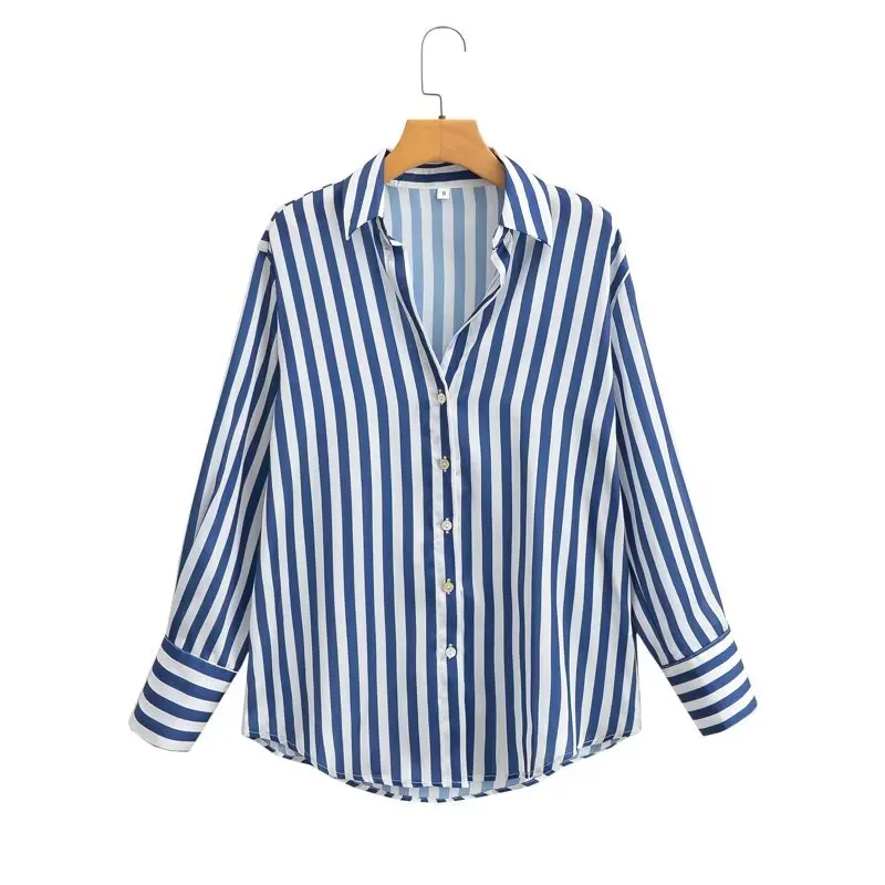 売れ筋商品|||フィオルッチ シャツ レディース トップス STRIPED CHARM PRINT SHIRT - Button-down blouse - baby blue TRAFZA Women Stripe Long Sleeve Blouse Vintage Lady Top Y2K