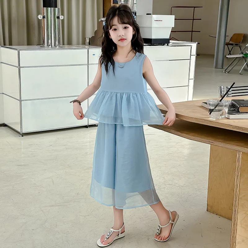 

Kids Girl Summer Clothes 2024 New Girls Sets Fashion Sleeveless Tops Loose Pants 2Pcs Children Outfits Thin Teen Clothing Suit