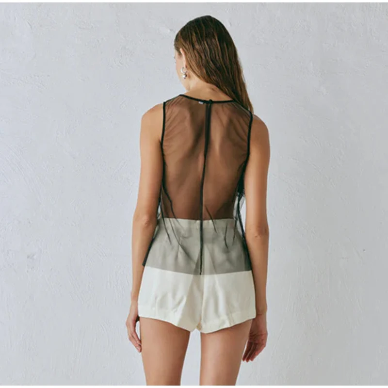 Sexy Mesh Hollow Out Vests Women Vintage 3D Flowers Sleeveless Solid Smock Vest Top Female Spring Elegant Chic Street Tops
