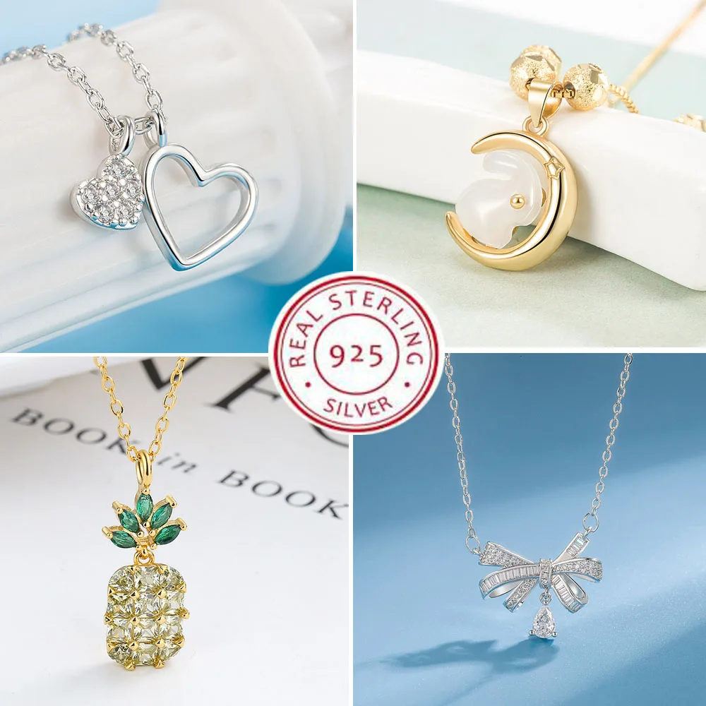 925 Sterling Silver Shiny Square Heart Pendant Necklace fit Beads DIY Women Jewelry Party Gift