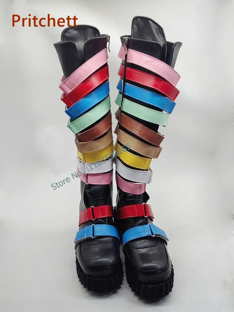 

Rainbow Band Knee High Boots Round Toe Thick Soled Zip Women's Boots Punk Narrow Band Platform Striped Winter Modern Shoes